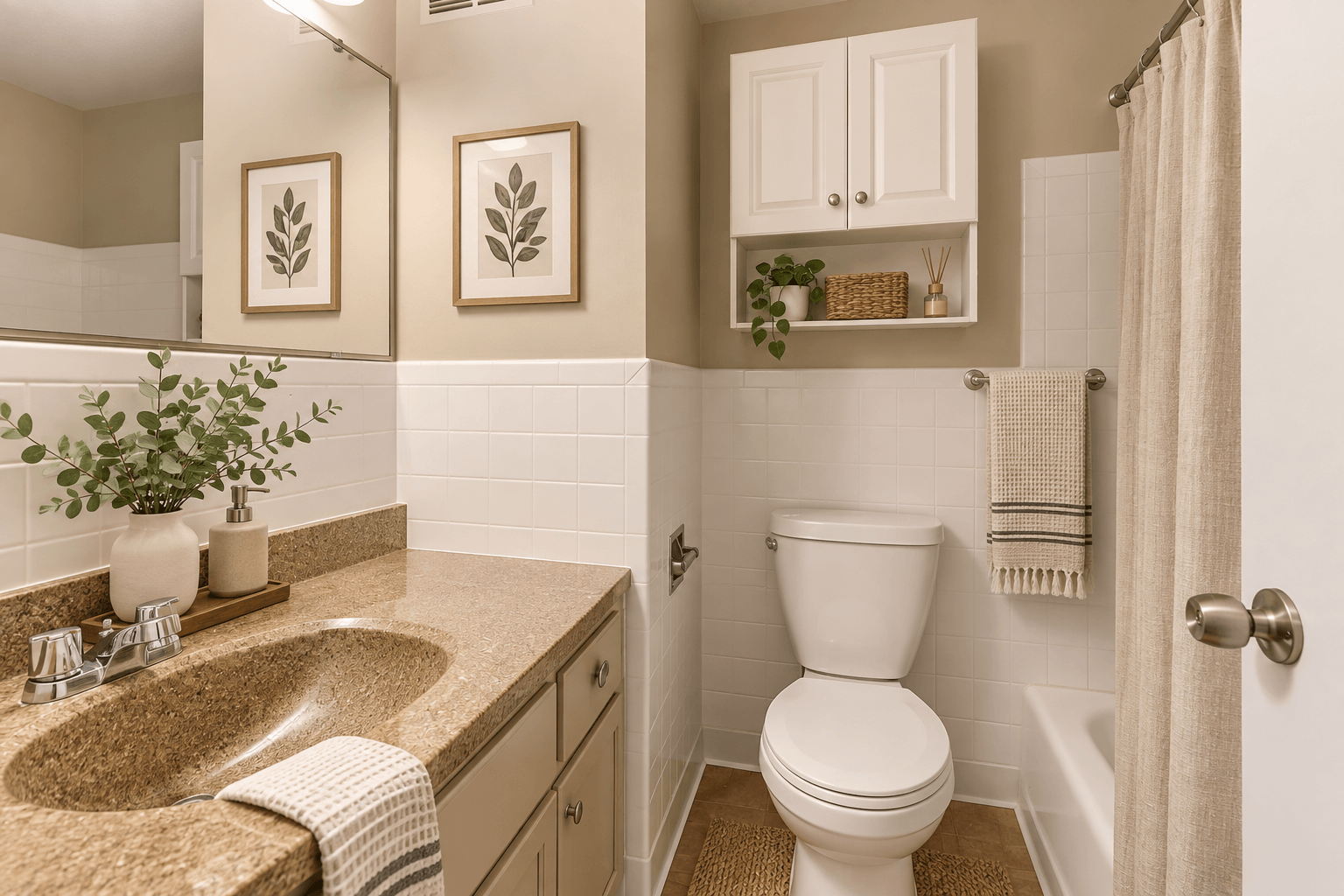 A bathroom with a toilet, sink, and a plant.